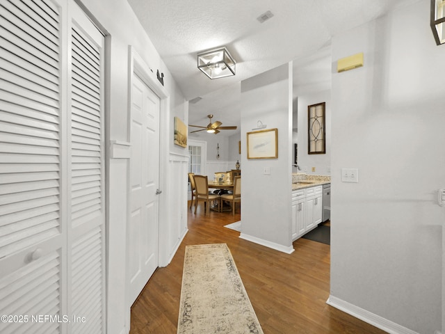 35211 Harbour Vista Cir, Saint Augustine, FL 32080 - hallway with dark wood finished floors, a textured ceiling, visible vents, a sink, and baseboards