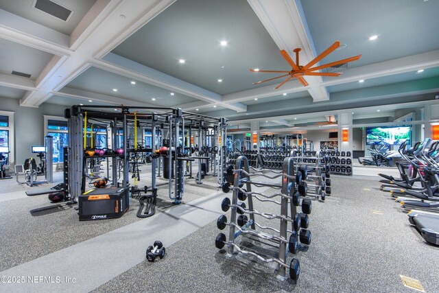 99 Hogan Ct, Saint Augustine, FL 32092 - exercise room featuring recessed lighting, visible vents, and coffered ceiling