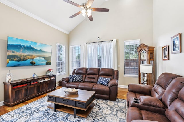 2011 Pond Ridge Ct Unit 1201, Fleming Island, FL 32003 - living area with a ceiling fan, high vaulted ceiling, baseboards, ornamental molding, and wood finished floors