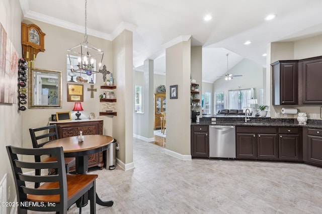2011 Pond Ridge Ct Unit 1201, Fleming Island, FL 32003 - kitchen featuring dishwasher, a sink, a ceiling fan, dark brown cabinetry, and crown molding