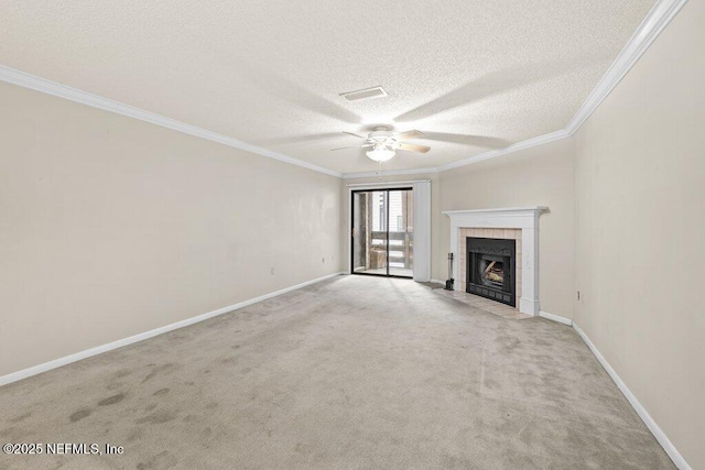 1604 Arcadia Dr Unit 209, Jacksonville, FL 32207 - unfurnished living room with a textured ceiling, a fireplace, ornamental molding, and a ceiling fan