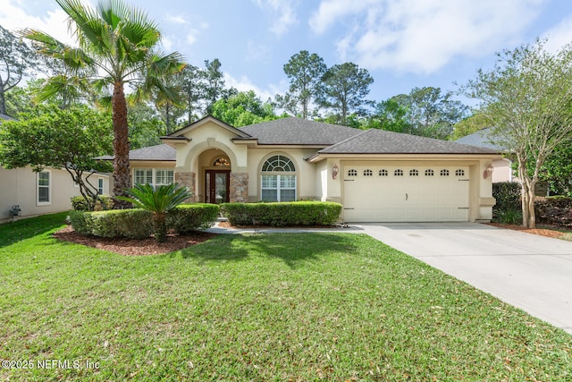view of front facade featuring a garage, stucco siding, a front lawn, a shingled roof, and concrete driveway