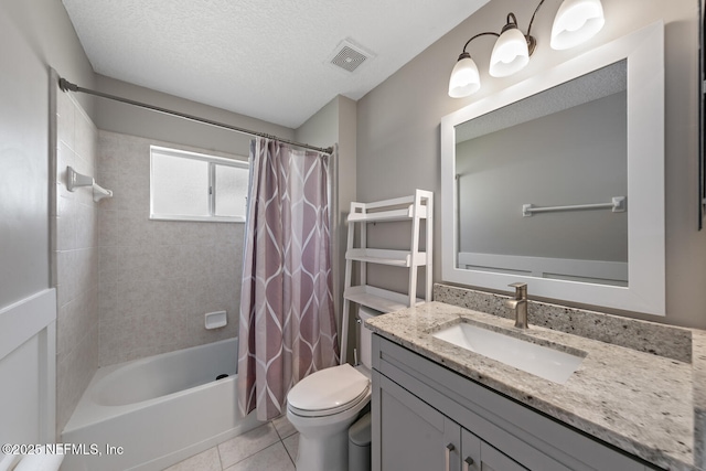 full bathroom with shower / bath combo, visible vents, toilet, a textured ceiling, and tile patterned flooring