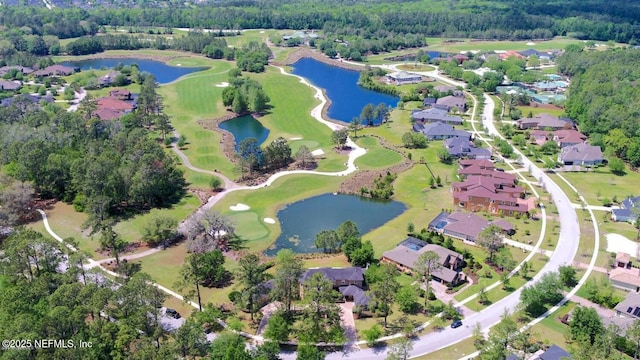 bird's eye view with a water view, a residential view, and view of golf course