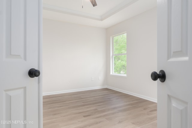 2895 Cross Creek Dr, Green Cove Springs, FL 32043 - spare room featuring a tray ceiling, a ceiling fan, light wood-style flooring, baseboards, and ornamental molding
