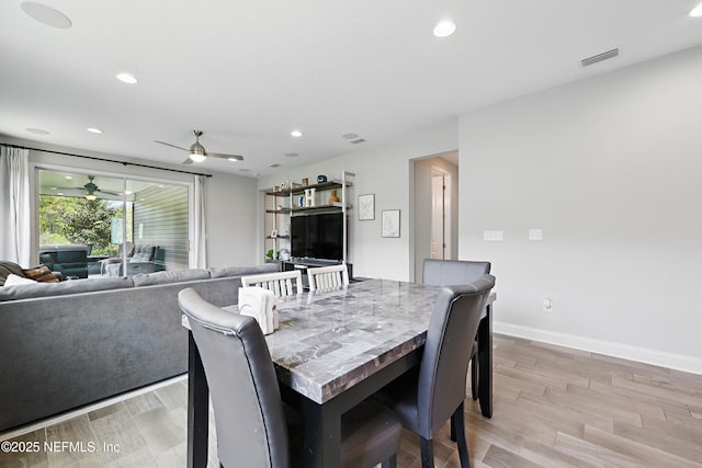dining room featuring visible vents, recessed lighting, light wood-style floors, and ceiling fan