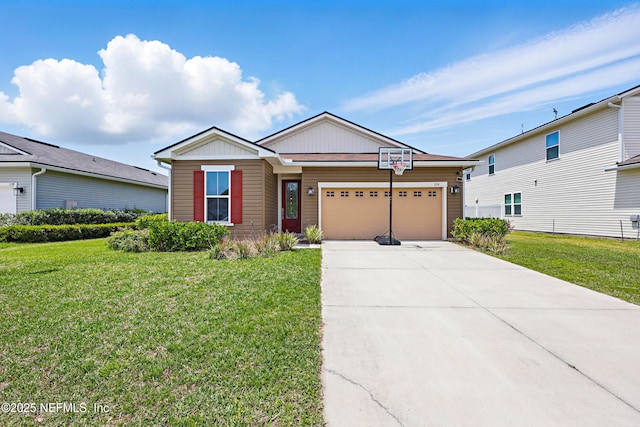 view of front of house with concrete driveway, a front lawn, and a garage