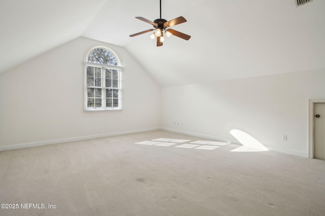 bonus room with vaulted ceiling, a ceiling fan, baseboards, carpet flooring, and visible vents