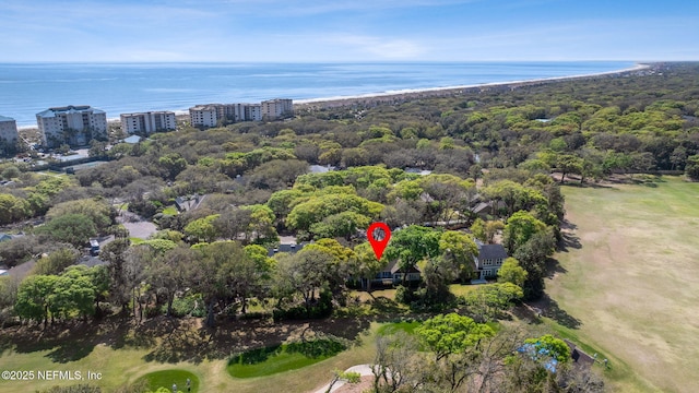 drone / aerial view featuring a water view
