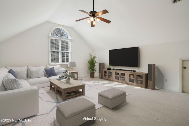living room with ceiling fan, vaulted ceiling, visible vents, and carpet