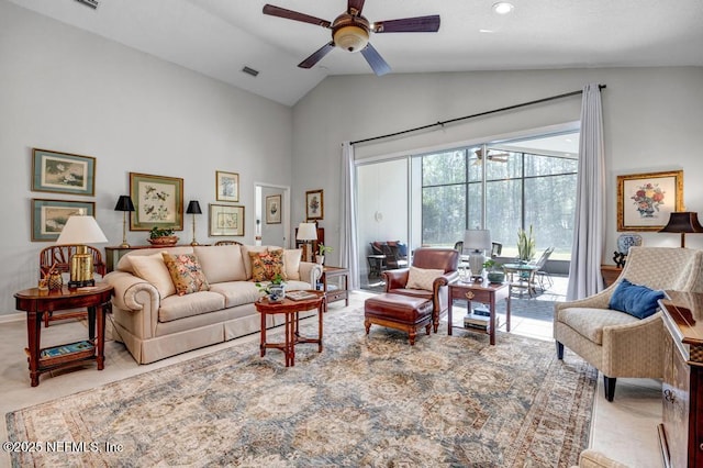 714 Copperhead Cir, Saint Augustine, FL 32092 - living area featuring visible vents, vaulted ceiling, and ceiling fan