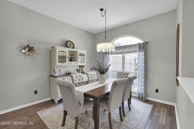 dining room featuring dark wood-style flooring, baseboards, and a textured ceiling