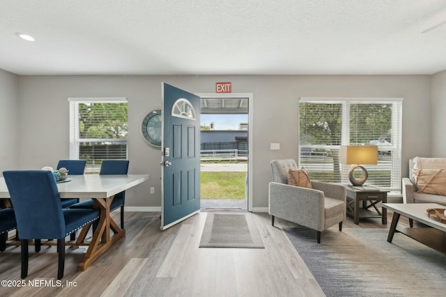 entryway with a textured ceiling, baseboards, and wood finished floors