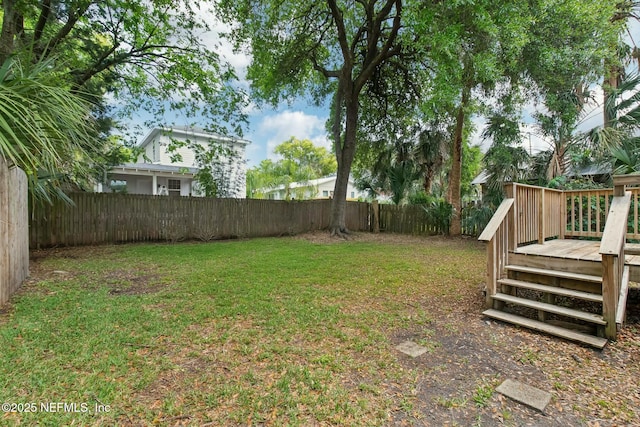 view of yard with a fenced backyard and a deck