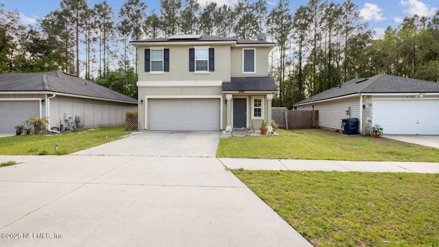96557 Commodore Point Dr, Yulee, FL 32097 - traditional-style house featuring stucco siding, roof mounted solar panels, driveway, and an attached garage