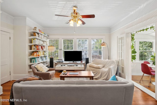 1516 Aberdeen St, Jacksonville, FL 32205 - living room with a ceiling fan, ornamental molding, wood finished floors, and a wealth of natural light