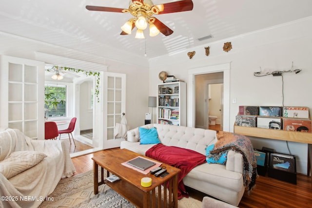 1516 Aberdeen St, Jacksonville, FL 32205 - living room featuring visible vents, wood finished floors, french doors, and a ceiling fan