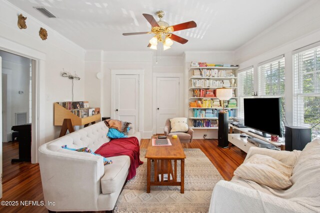 1516 Aberdeen St, Jacksonville, FL 32205 - living room with ceiling fan, visible vents, crown molding, and wood finished floors