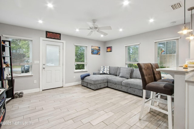 1516 Aberdeen St, Jacksonville, FL 32205 - living room featuring a ceiling fan, recessed lighting, light wood finished floors, and visible vents