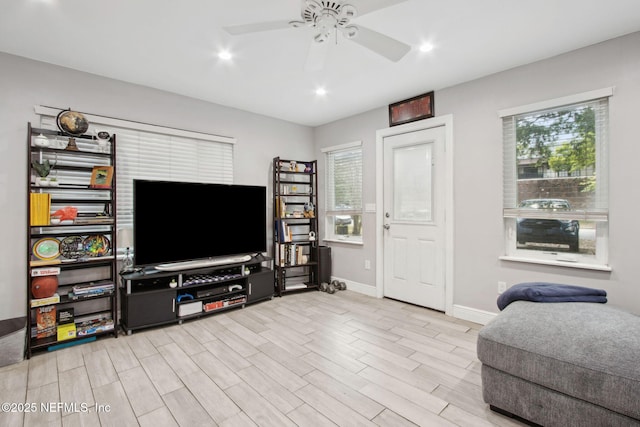 1516 Aberdeen St, Jacksonville, FL 32205 - living room featuring light wood-type flooring, recessed lighting, baseboards, and ceiling fan