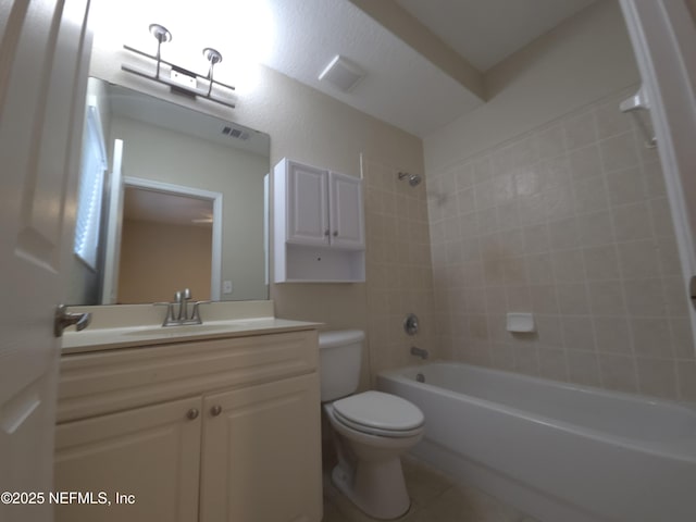 bathroom featuring bathtub / shower combination, vanity, tile patterned flooring, visible vents, and toilet