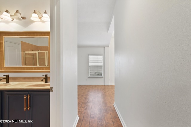bathroom featuring wood-type flooring, baseboards, a sink, a stall shower, and double vanity