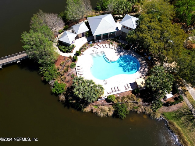 drone / aerial view featuring a water view