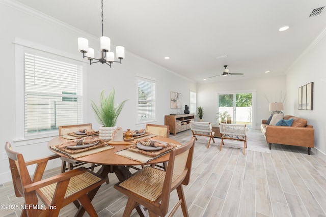 803 12th Ave S, Jacksonville Beach, FL 32250 - dining room with ornamental molding, recessed lighting, a chandelier, a ceiling fan, and baseboards