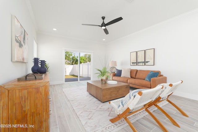 803 12th Ave S, Jacksonville Beach, FL 32250 - living area featuring a ceiling fan, crown molding, light wood finished floors, recessed lighting, and baseboards