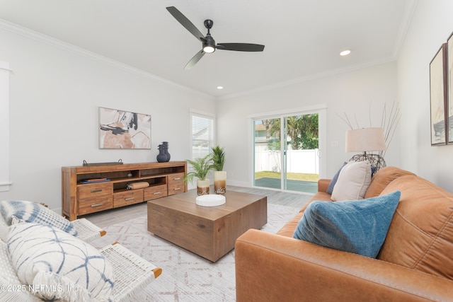 803 12th Ave S, Jacksonville Beach, FL 32250 - living room featuring light wood-style floors, crown molding, recessed lighting, ceiling fan, and baseboards