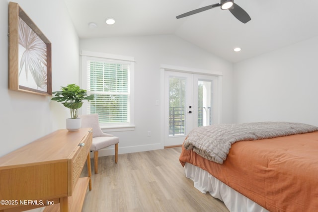 803 12th Ave S, Jacksonville Beach, FL 32250 - bedroom featuring access to outside, lofted ceiling, light wood-style floors, baseboards, and ceiling fan