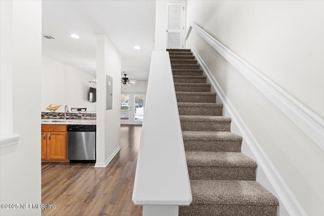 1492 Fieldview Dr, Jacksonville, FL 32225 - staircase featuring visible vents, baseboards, wood finished floors, recessed lighting, and a ceiling fan
