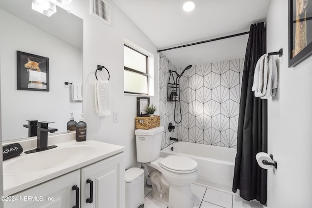 bathroom with shower / bath combo, visible vents, toilet, and vanity