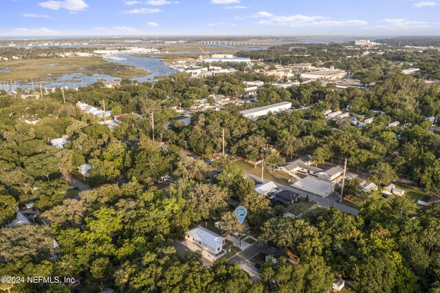 drone / aerial view featuring a water view