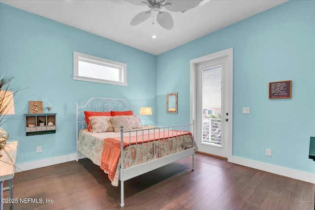 bedroom featuring recessed lighting, baseboards, access to outside, a ceiling fan, and wood finished floors