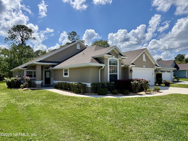 craftsman-style house with stucco siding, an attached garage, driveway, and a front yard