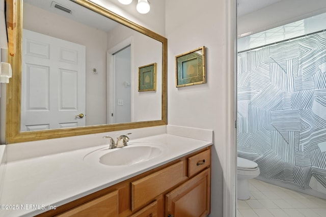 full bath with tile patterned floors, visible vents, toilet, vanity, and a shower with shower curtain