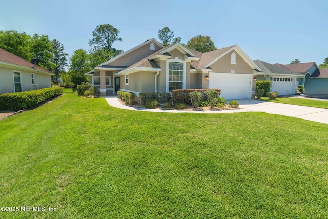 view of front facade featuring a garage, concrete driveway, a front lawn, and stucco siding