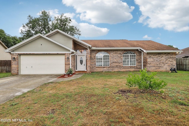 single story home with brick siding, concrete driveway, and a garage
