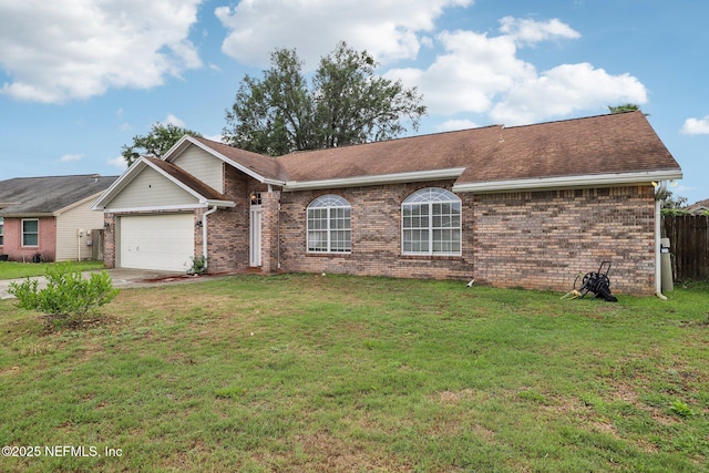 ranch-style house with brick siding, a garage, driveway, and roof with shingles