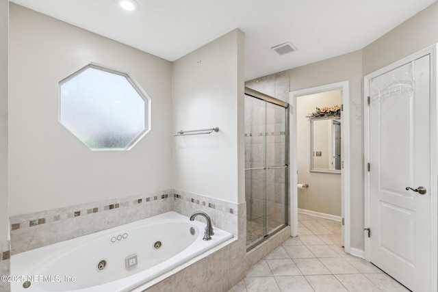 full bathroom featuring a stall shower, a whirlpool tub, tile patterned flooring, and recessed lighting