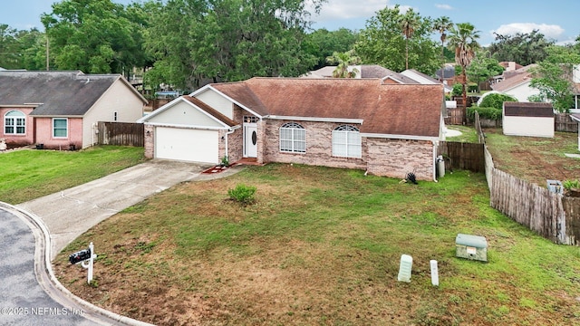 view of front facade with brick siding, concrete driveway, a garage, and roof with shingles