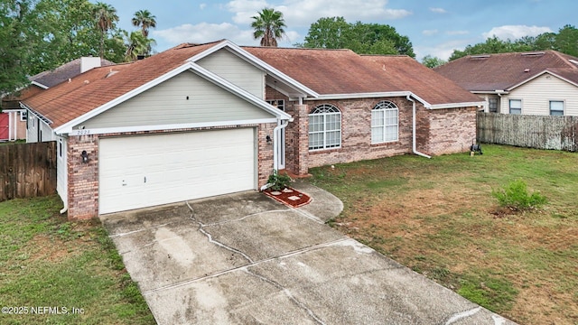 view of front of home with brick siding, concrete driveway, an attached garage, and roof with shingles