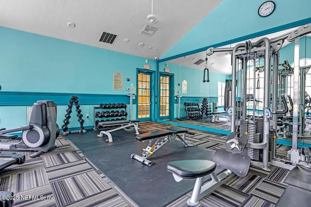 7800 Point Meadows Dr Unit 1511, Jacksonville, FL 32256 - exercise room featuring french doors, vaulted ceiling, and visible vents