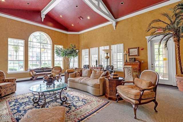 7800 Point Meadows Dr Unit 1511, Jacksonville, FL 32256 - carpeted living room with crown molding, high vaulted ceiling, baseboards, beamed ceiling, and visible vents