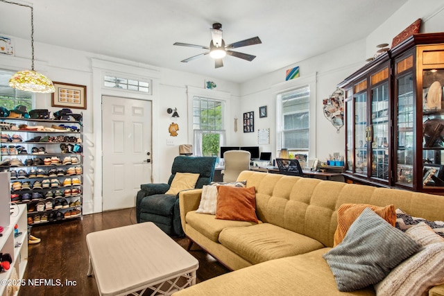 living room featuring a ceiling fan and wood finished floors