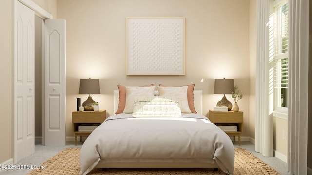 carpeted bedroom featuring baseboards