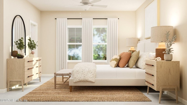 bedroom with baseboards, carpet floors, and a ceiling fan