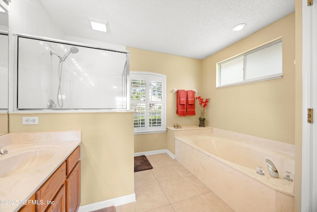full bathroom featuring a shower with shower door, a textured ceiling, a bath, and plenty of natural light