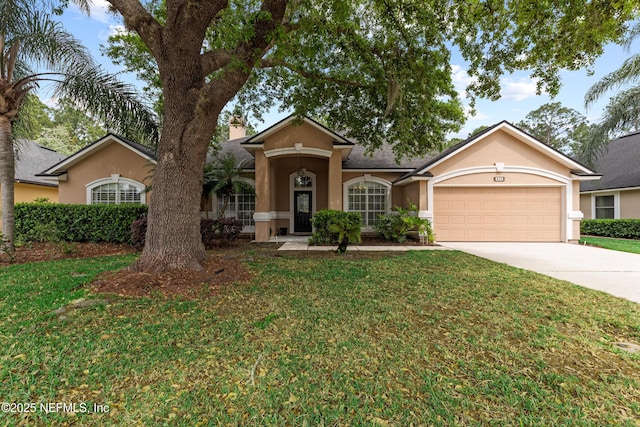 single story home with concrete driveway, stucco siding, a front lawn, and a garage